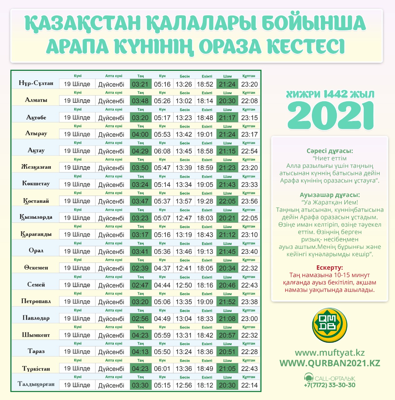 АРАПА КҮНІНІҢ ОРАЗА КЕСТЕСІ – 2021